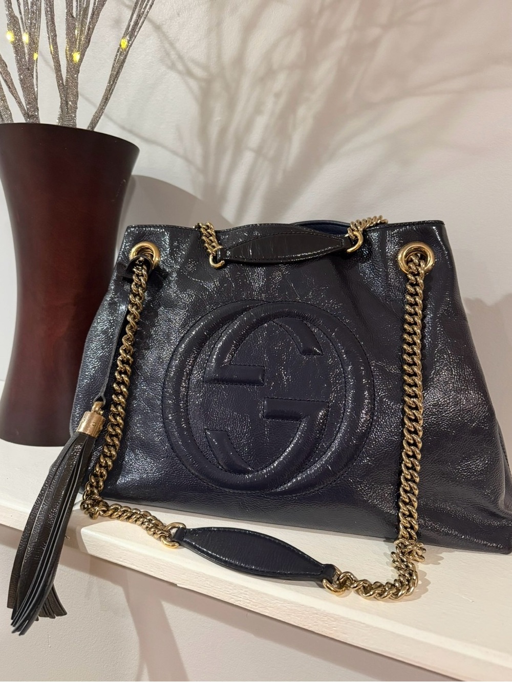 Gucci Navy Blue Soho Embossed Leather Chain Shoulder Bag with Tassel